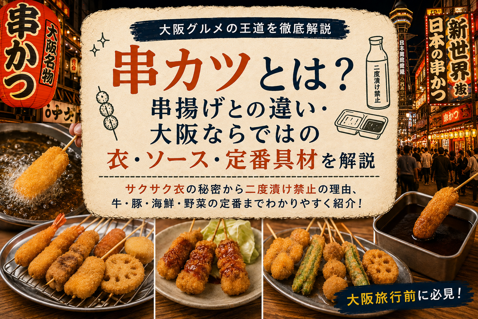 串カツとは？串揚げとの違い・大阪ならではの衣・ソース・定番具材を解説