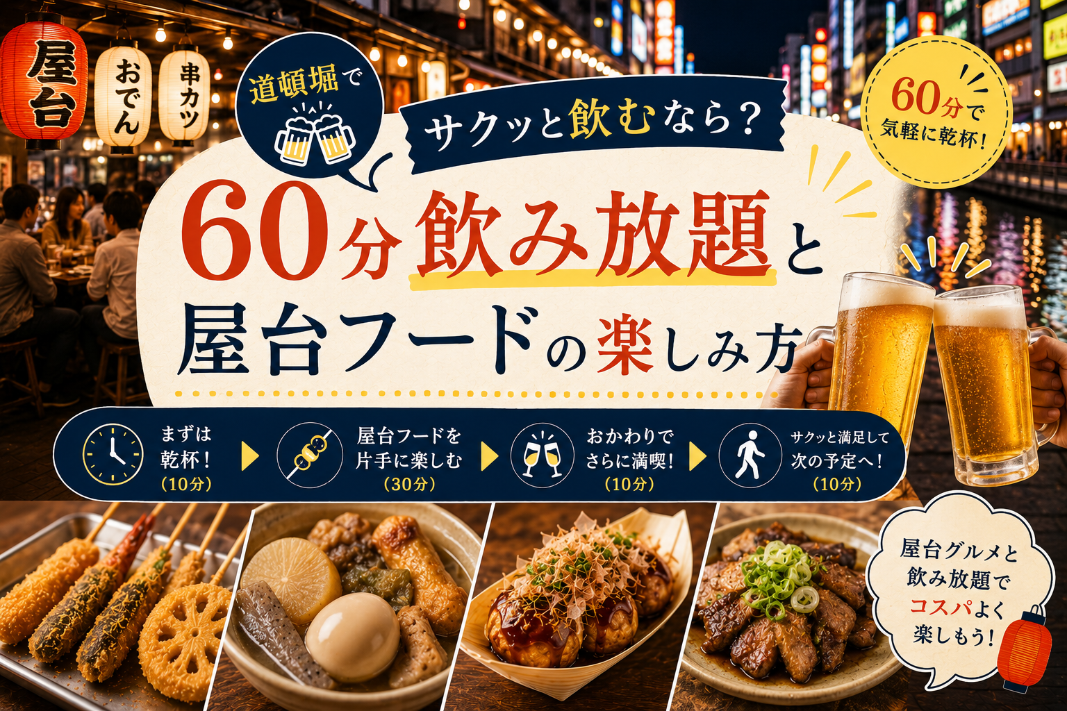 道頓堀でサクッと飲むなら？60分飲み放題と屋台フードの楽しみ方
