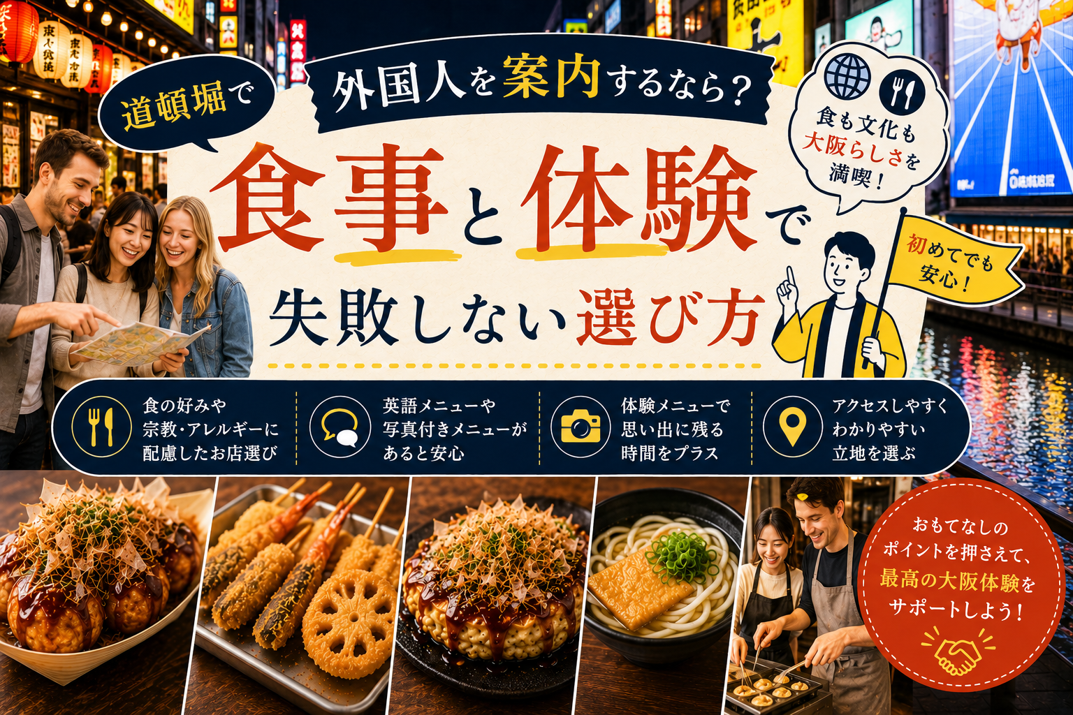 道頓堀で外国人を案内するなら？食事と体験で失敗しない選び方